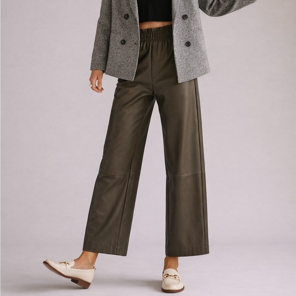 Avec Les Filles Anthropologie Olive Green Faux Leather Wide Leg Pants Size Small